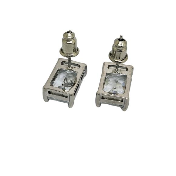Elegant Silver Emerald Cut BlueWhite Cubic Zirconia Stud Earrings - Picture 2 of 8